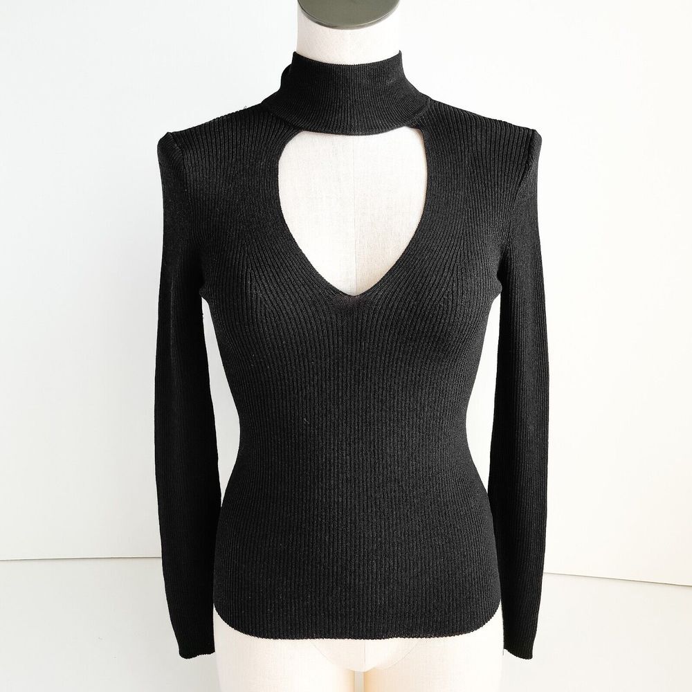 360 Sweater Italian Yarn Evelina Ribbed Top Womens XS Black Choker Cutout